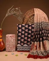 Premium  Hand Block Cotton Suit With Chiffon Dupatta